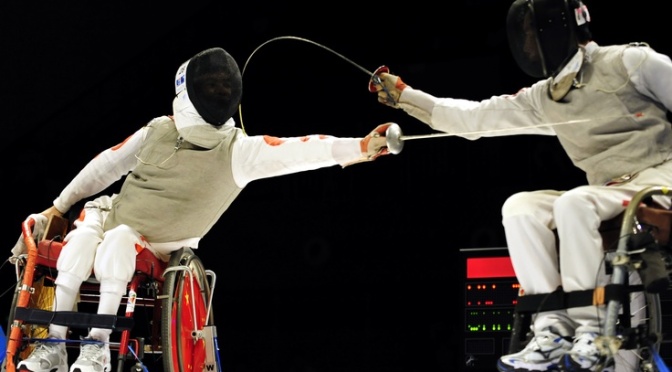 Wheelchair fencing. Photo courtesy of www.rollingraines.com wheelchair travel advocate.